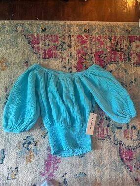 Yana K Turquoise Off-Shoulder Smocked-Hem Blouse